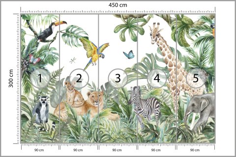 Fototapeta Children's Wallpaper, Watercolor Jungle And Animals. Lions, Giraffe, Elephant, Parrots, Zebra, Lemur Tapeta Samo
