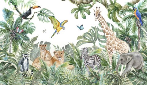 Fototapeta Children's Wallpaper, Watercolor Jungle And Animals. Lions, Giraffe, Elephant, Parrots, Zebra, Lemur Tapeta Samo