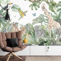 Fototapeta Children's Wallpaper, Watercolor Jungle And Animals. Lions, Giraffe, Elephant, Parrots, Zebra, Lemur Tapeta Samo