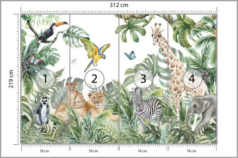 Fototapeta Children's Wallpaper, Watercolor Jungle And Animals. Lions, Giraffe, Elephant, Parrots, Zebra, Lemur Tapeta Samo