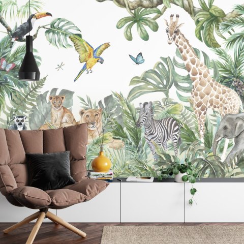 Fototapeta Children's Wallpaper, Watercolor Jungle And Animals. Lions, Giraffe, Elephant, Parrots, Zebra, Lemur Tapeta Samo