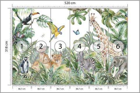 Fototapeta Children's Wallpaper, Watercolor Jungle And Animals. Lions, Giraffe, Elephant, Parrots, Zebra, Lemur Tapeta Samo
