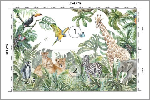 Fototapeta Children's Wallpaper, Watercolor Jungle And Animals. Lions, Giraffe, Elephant, Parrots, Zebra, Lemur Tapeta Samo