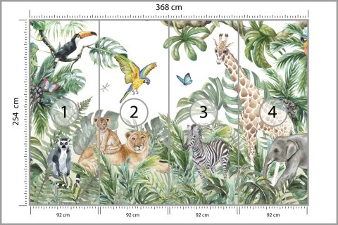 Fototapeta Children's Wallpaper, Watercolor Jungle And Animals. Lions, Giraffe, Elephant, Parrots, Zebra, Lemur Tapeta Samo
