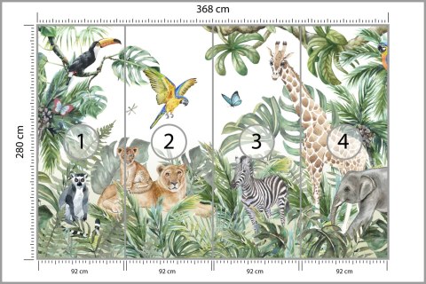 Fototapeta Children's Wallpaper, Watercolor Jungle And Animals. Lions, Giraffe, Elephant, Parrots, Zebra, Lemur Tapeta Samo
