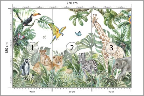 Fototapeta Children's Wallpaper, Watercolor Jungle And Animals. Lions, Giraffe, Elephant, Parrots, Zebra, Lemur Vinyl Gładk