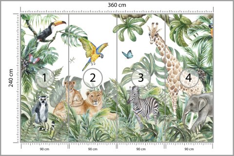Fototapeta Children's Wallpaper, Watercolor Jungle And Animals. Lions, Giraffe, Elephant, Parrots, Zebra, Lemur Vinyl Gładk