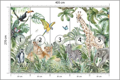 Fototapeta Children's Wallpaper, Watercolor Jungle And Animals. Lions, Giraffe, Elephant, Parrots, Zebra, Lemur Vinyl Gładk