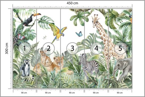 Fototapeta Children's Wallpaper, Watercolor Jungle And Animals. Lions, Giraffe, Elephant, Parrots, Zebra, Lemur Vinyl Gładk