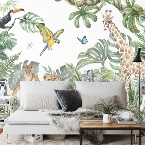Fototapeta Children's Wallpaper, Watercolor Jungle And Animals. Lions, Giraffe, Elephant, Parrots, Zebra, Lemur Vinyl Gładk