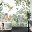 Fototapeta Children's Wallpaper, Watercolor Jungle And Animals. Lions, Giraffe, Elephant, Parrots, Zebra, Lemur Vinyl Gładk