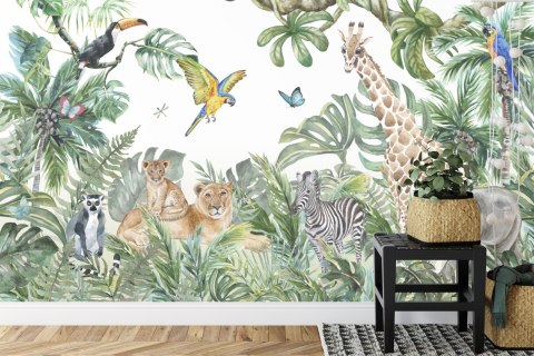 Fototapeta Children's Wallpaper, Watercolor Jungle And Animals. Lions, Giraffe, Elephant, Parrots, Zebra, Lemur Vinyl Gładk