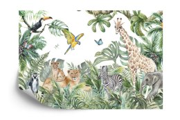 Fototapeta Children's Wallpaper, Watercolor Jungle And Animals. Lions, Giraffe, Elephant, Parrots, Zebra, Lemur Vinyl Struk