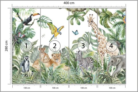 Fototapeta Children's Wallpaper, Watercolor Jungle And Animals. Lions, Giraffe, Elephant, Parrots, Zebra, Lemur Vinyl Struk