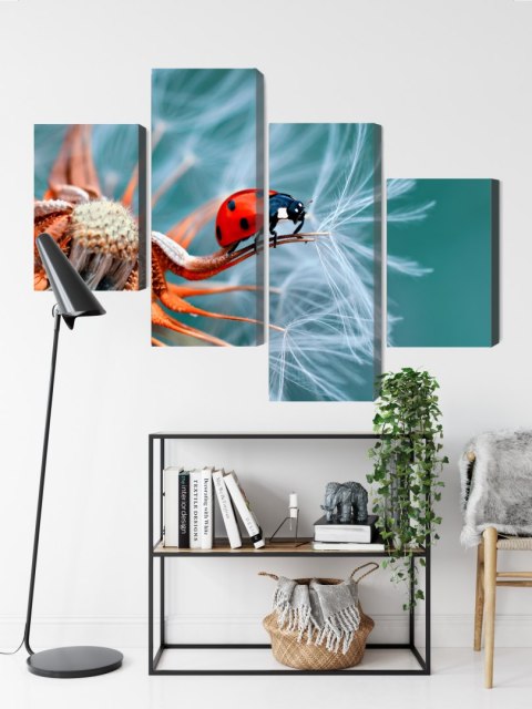 Obraz Wieloczęściowy Biedronka Na Mniszku Lekarskim W Skali Makro Canvas 240x150 LBS-3646-C240-150_2X60-150_2X60-90