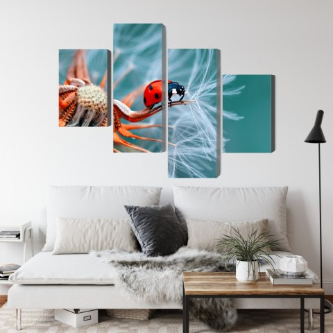 Obraz Wieloczęściowy Biedronka Na Mniszku Lekarskim W Skali Makro Canvas Naturalny 160x100 LBS-3646-NC160-100_2X40-100_2X40-60