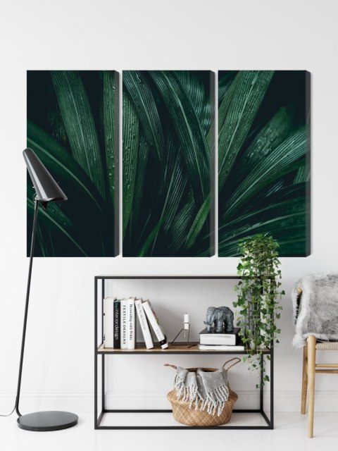 Obraz Wieloczęściowy Liście Ciemnozielone W Skali Makro Canvas 150x100 LBS-3723-C150-100_3X50-100
