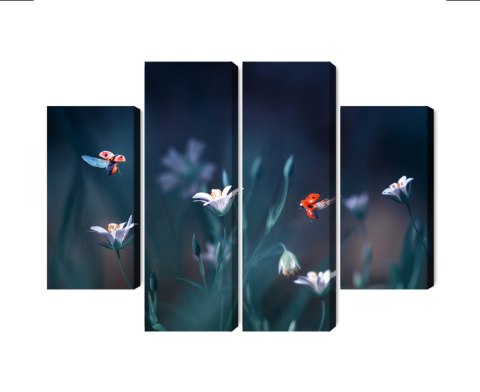 Obraz Wieloczęściowy Biedronki I Polne Kwiaty W Skali Makro Canvas Naturalny 200x150 LBS-3946-NC200-150_2X50-150_2X50-100