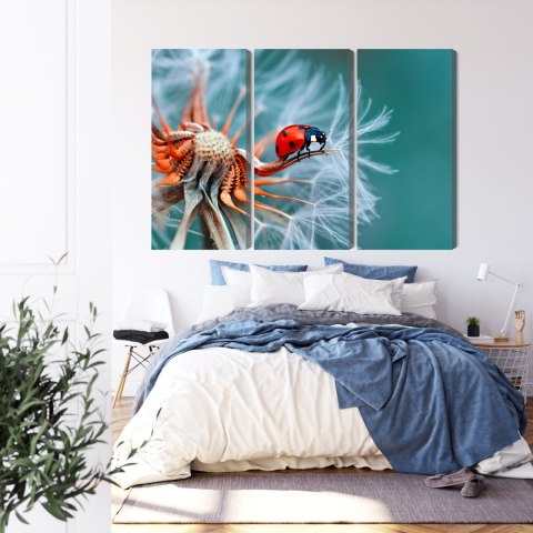 Obraz Wieloczęściowy Biedronka Na Mniszku Lekarskim W Skali Makro Canvas Naturalny 150x100 LBS-3643-NC150-100_3X50-100