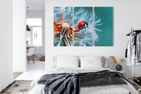 Obraz Wieloczęściowy Biedronka Na Mniszku Lekarskim W Skali Makro Canvas Naturalny 150x100 LBS-3643-NC150-100_3X50-100