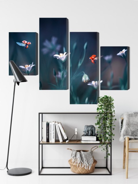 Obraz Wieloczęściowy Biedronki I Polne Kwiaty W Skali Makro Canvas 240x150 LBS-3945-C240-150_2X60-150_2X60-90