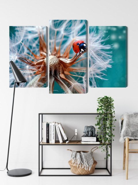 Obraz Wieloczęściowy Biedronka Na Mniszku Lekarskim W Skali Makro Canvas 150x100 LBS-3952-C150-100_1X50-100_2X50-75