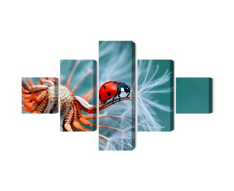 Obraz Wieloczęściowy Biedronka Na Mniszku Lekarskim W Skali Makro Canvas 150x90 LBS-3647-C150-90_1X30-90_2X30-60_2X30-30