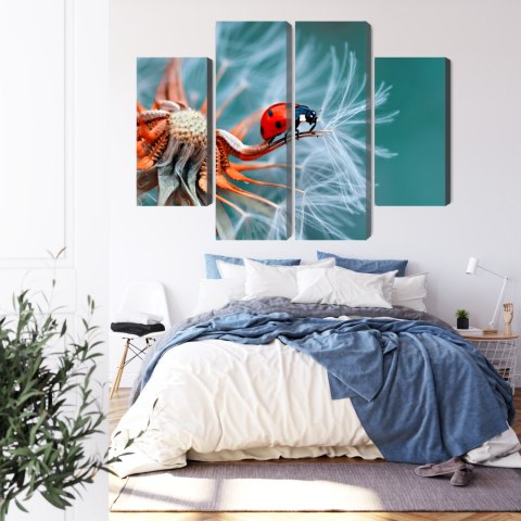 Obraz Wieloczęściowy Biedronka Na Mniszku Lekarskim W Skali Makro Canvas 200x150 LBS-3645-C200-150_2X50-150_2X50-100