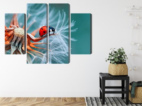 Obraz Wieloczęściowy Biedronka Na Mniszku Lekarskim W Skali Makro Canvas 200x150 LBS-3645-C200-150_2X50-150_2X50-100