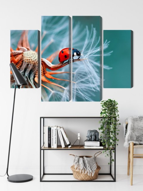 Obraz Wieloczęściowy Biedronka Na Mniszku Lekarskim W Skali Makro Canvas 200x150 LBS-3645-C200-150_2X50-150_2X50-100