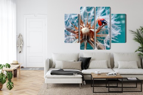 Obraz Wieloczęściowy Biedronka Na Mniszku Lekarskim W Skali Makro Canvas 200x150 LBS-3955-C200-150_2X50-150_2X50-100