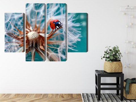 Obraz Wieloczęściowy Biedronka Na Mniszku Lekarskim W Skali Makro Canvas 200x150 LBS-3955-C200-150_2X50-150_2X50-100