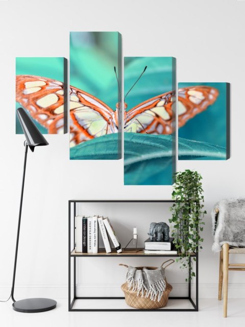 Obraz Wieloczęściowy Motyl Na Liściu W Skali Makro Canvas 240x150 LBS-3941-C240-150_2X60-150_2X60-90