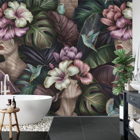 Fototapeta Abstrakcyjne Kobiece Twarze Pośród Kwiatów Vinyl Gładki 152.5x104 FT-3647-VGL