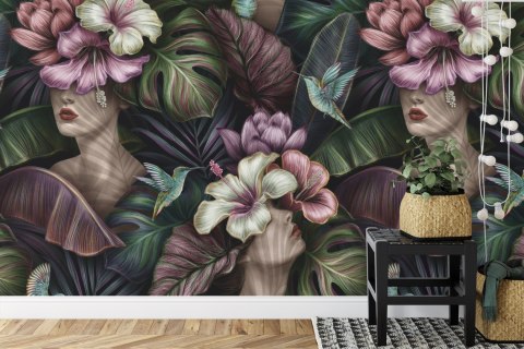 Fototapeta Abstrakcyjne Kobiece Twarze Pośród Kwiatów Vinyl Gładki 152.5x104 FT-3647-VGL