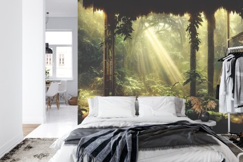 Fototapeta A Large Arch-Shaped Window, A Portal In The Dark Mystical Forest, The Sun's Rays Pass Through The Window And Tre