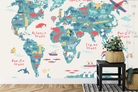 Fototapeta Map Of The World Wallpaper Design For Children's Room. Cute Design, Animals And Builds, Culture, Mural Art. Fliz