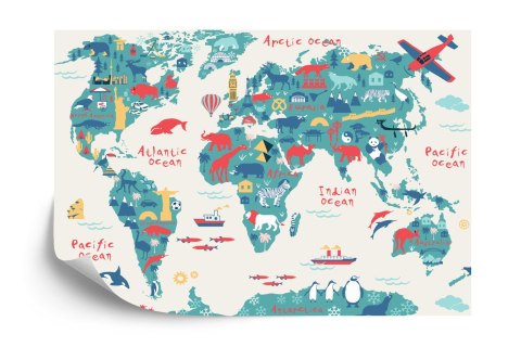 Fototapeta Map Of The World Wallpaper Design For Children's Room. Cute Design, Animals And Builds, Culture, Mural Art. Viny