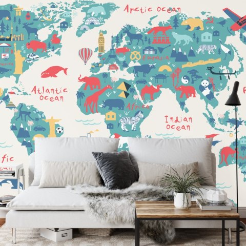 Fototapeta Map Of The World Wallpaper Design For Children's Room. Cute Design, Animals And Builds, Culture, Mural Art. Viny