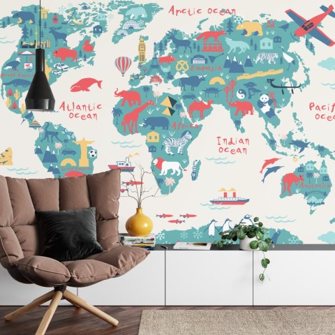 Fototapeta Map Of The World Wallpaper Design For Children's Room. Cute Design, Animals And Builds, Culture, Mural Art. Viny