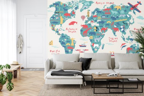 Fototapeta Map Of The World Wallpaper Design For Children's Room. Cute Design, Animals And Builds, Culture, Mural Art. Viny
