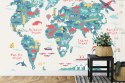 Fototapeta Map Of The World Wallpaper Design For Children's Room. Cute Design, Animals And Builds, Culture, Mural Art. Viny
