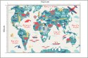 Fototapeta Map Of The World Wallpaper Design For Children's Room. Cute Design, Animals And Builds, Culture, Mural Art. Viny