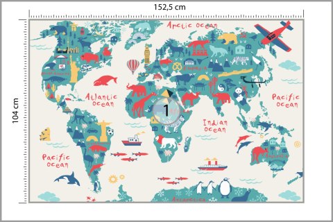 Fototapeta Map Of The World Wallpaper Design For Children's Room. Cute Design, Animals And Builds, Culture, Mural Art. Viny