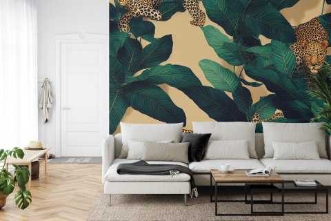 Fototapeta Seamless Tropical Pattern With Exotic Trees, Leopards, And Palm Leaves. Abstract Jungle Pattern With Leopards, Digita