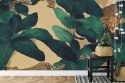 Fototapeta Seamless Tropical Pattern With Exotic Trees, Leopards, And Palm Leaves. Abstract Jungle Pattern With Leopards, Digita