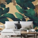 Fototapeta Seamless Tropical Pattern With Exotic Trees, Leopards, And Palm Leaves. Abstract Jungle Pattern With Leopards, Digita