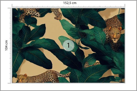 Fototapeta Seamless Tropical Pattern With Exotic Trees, Leopards, And Palm Leaves. Abstract Jungle Pattern With Leopards, Digita
