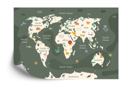 Fototapeta The World Map With Cartoon Animals For Kids, Nature, Discovery And Continent Name, Ocean Name. Children's Map De