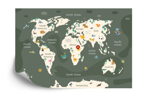 Fototapeta The World Map With Cartoon Animals For Kids, Nature, Discovery And Continent Name, Ocean Name. Children's Map De